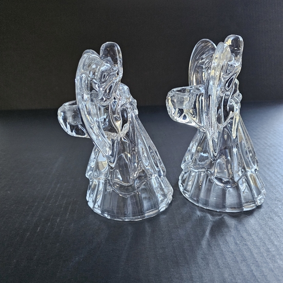 Vintage Angel candle holder pair clear glass taper heavy holiday Decor - Picture 2 of 11